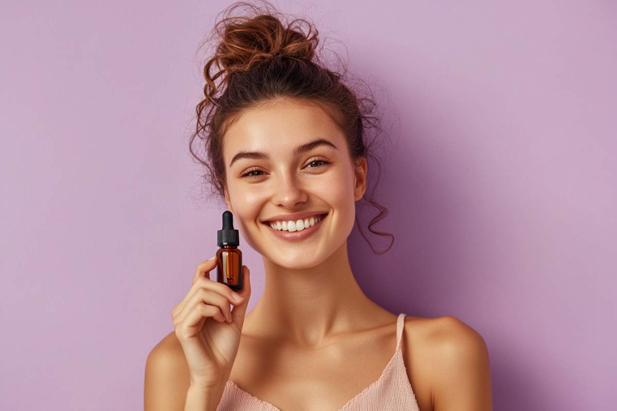 Femme qui tient un flacon d'huile de cbd